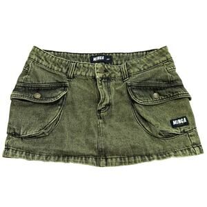 Minga London Cargo Mini Micro Skirt Acid Wash Low Rise Grunge Y2K Denim Sz28